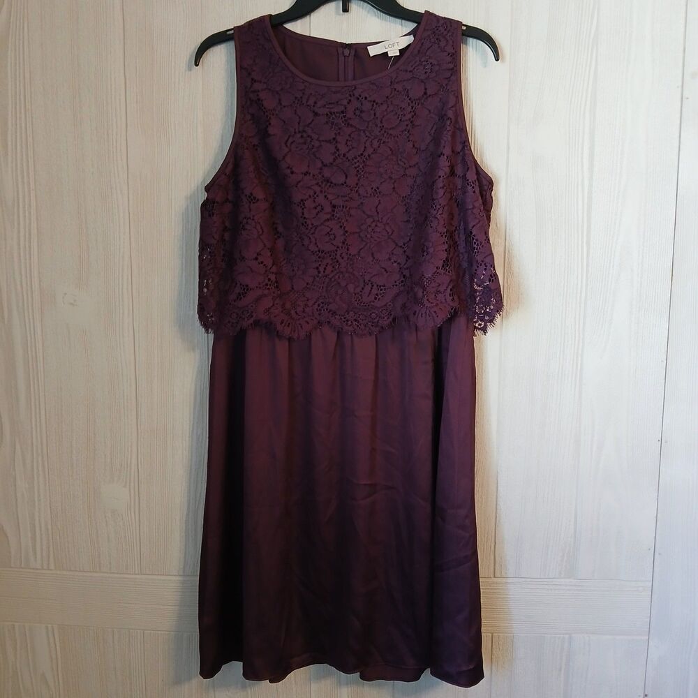 Loft Women's Size L Cabernet Half Floral Lace Overlay Sleeveless Dress
